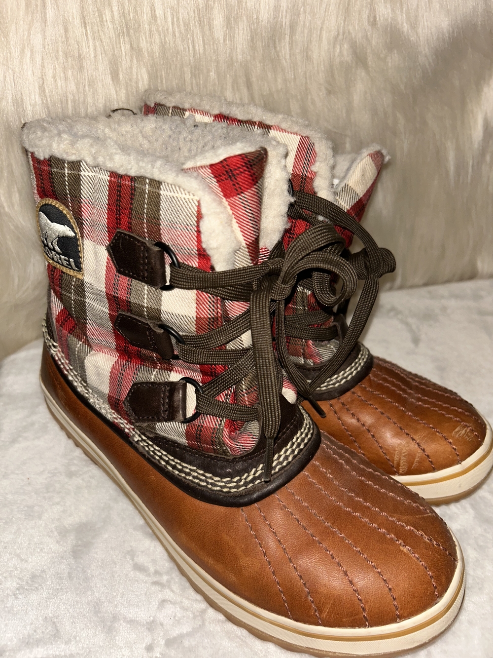 Sorel Plaid Lace-Up Winter Boots in Red and Brown